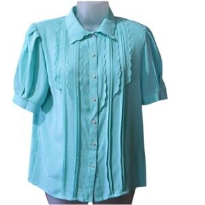 Vintage Asian Teal Blue High Neck Blouse Short Puff Sleeves Small